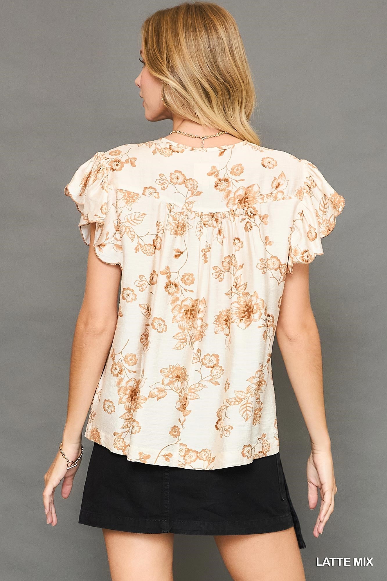 Floral Print Top with Scalloped Sleeves and Tassel Ties