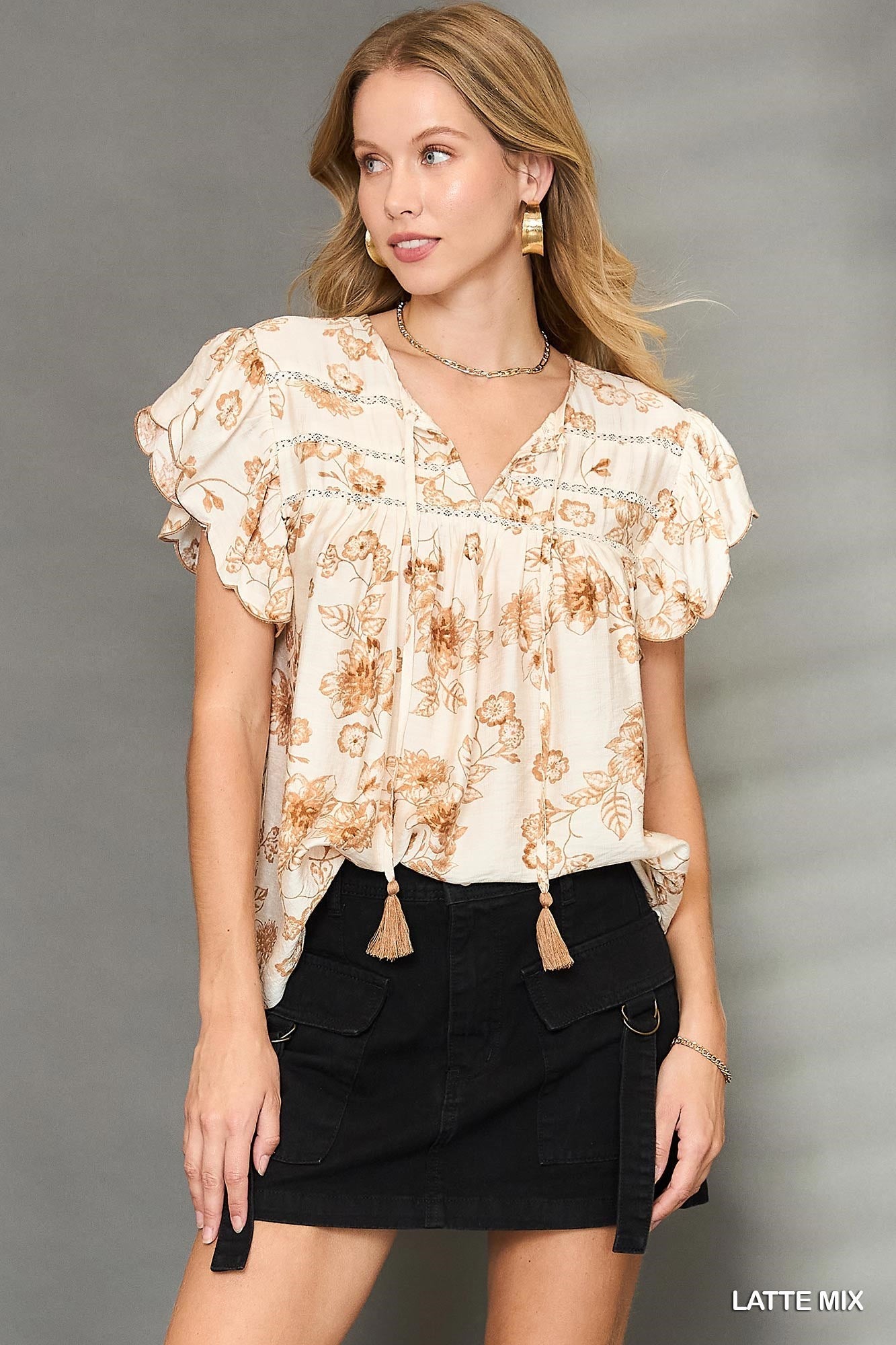 Floral Print Top with Scalloped Sleeves and Tassel Ties