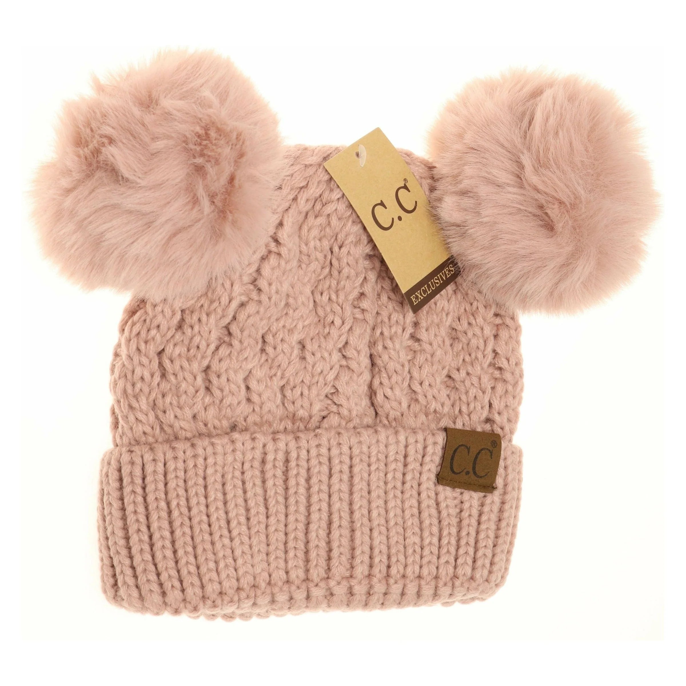 Pink Cable Knit Double Matching CC Pom Beanie