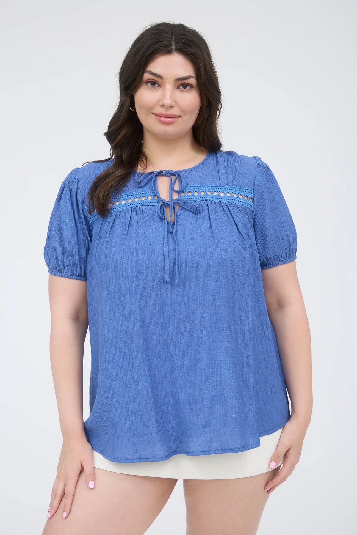 Blue Eyelet Lace Trim Double Front Tie Top - Posh West Boutique