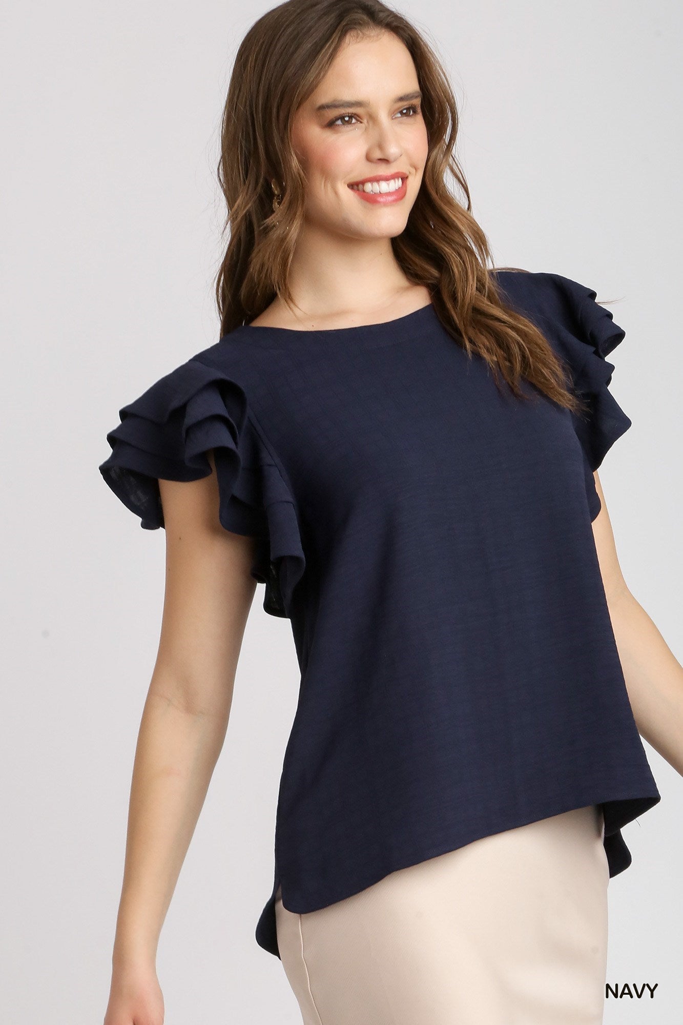 Navy Round Neck Layered Ruffle Sleeve Top