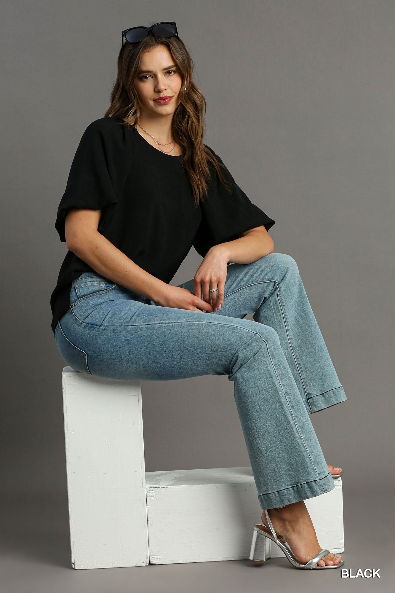 Woven Round Neck Bubble Sleeve Top w/ Side Slits - Posh West Boutique