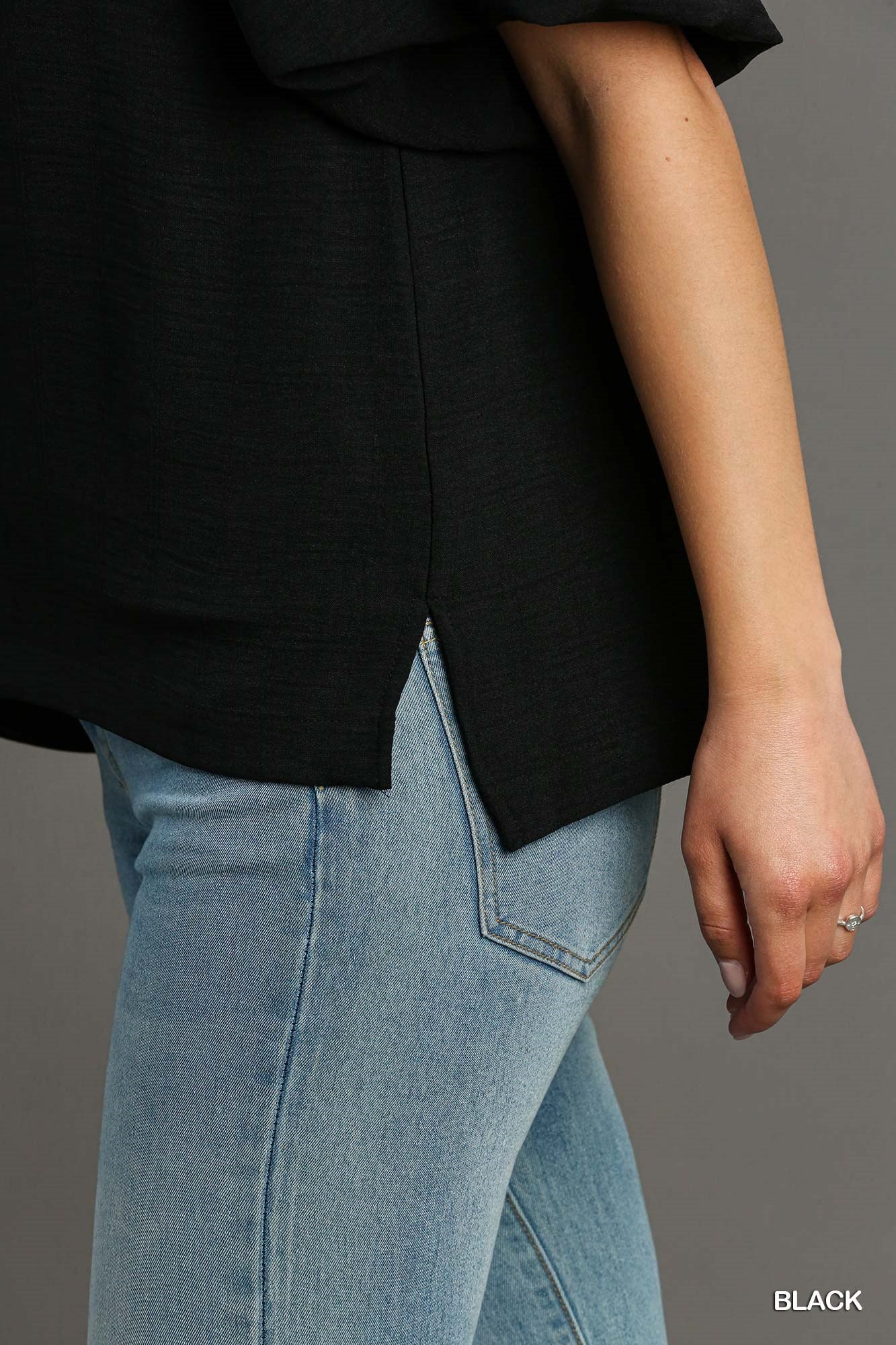 Woven Round Neck Bubble Sleeve Top w/ Side Slits - Posh West Boutique