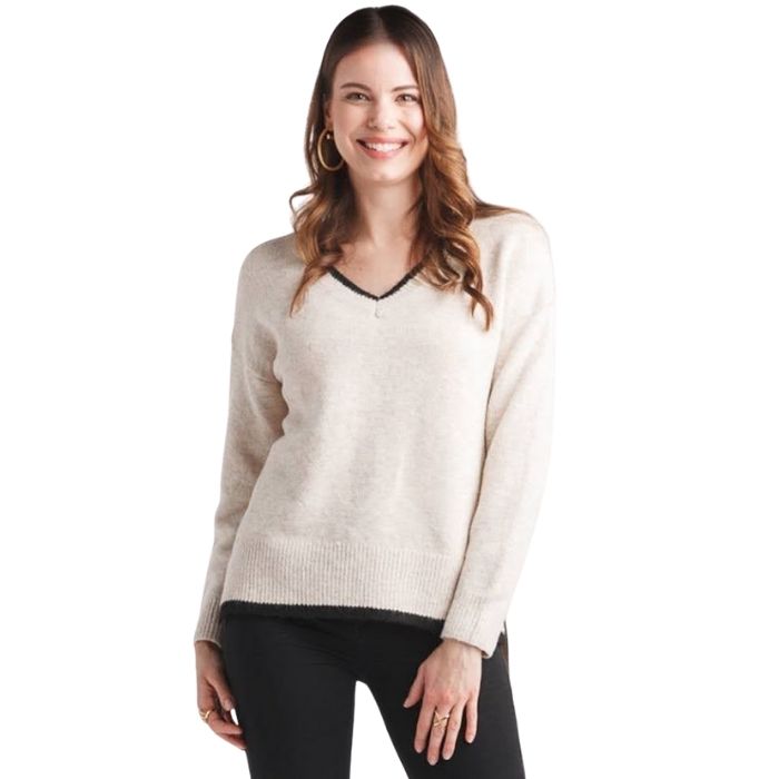 Oatmeal V Neck Hem Sweater w/ Black Trim - Posh West Boutique