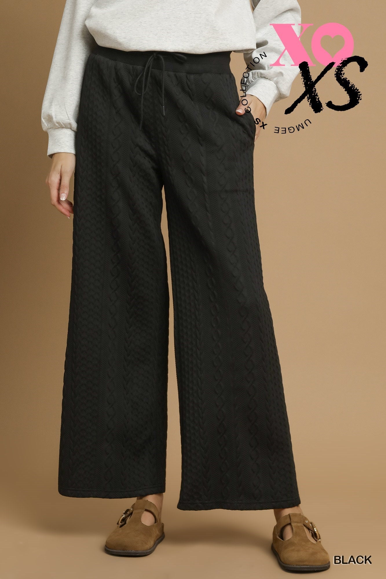 Black Cable Knit Textured Wide Leg Pants - Posh West Boutique