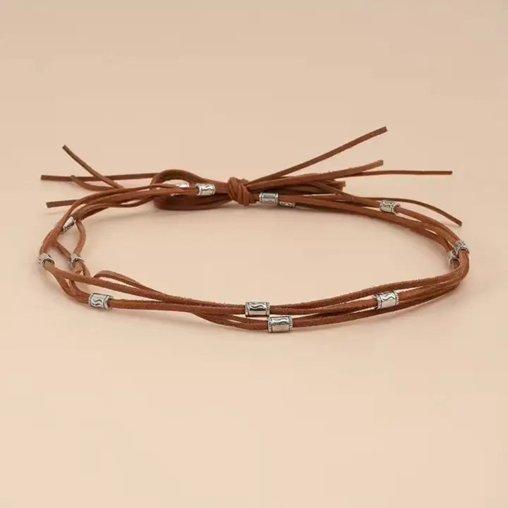 Brown Leather w/ Silver Beads Hat Band - Posh West Boutique