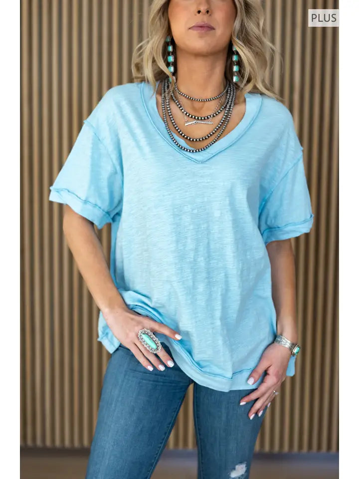 Light Blue Raw Edge Cotton V Neck Top - Posh West Boutique