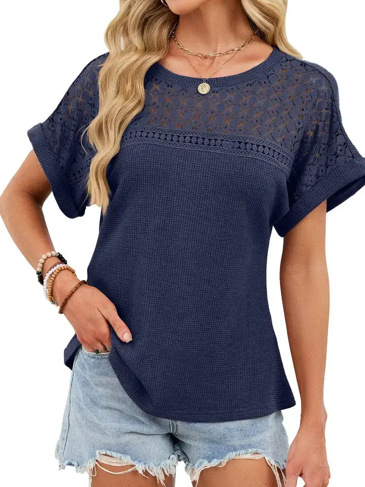 Navy Blue Lace Waffle Knit Top