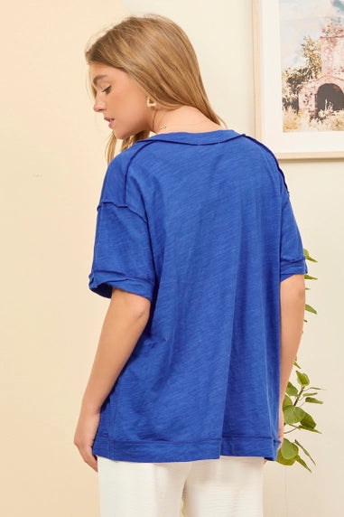 Royal Blue Raw Edge V Neck Top - Posh West Boutique