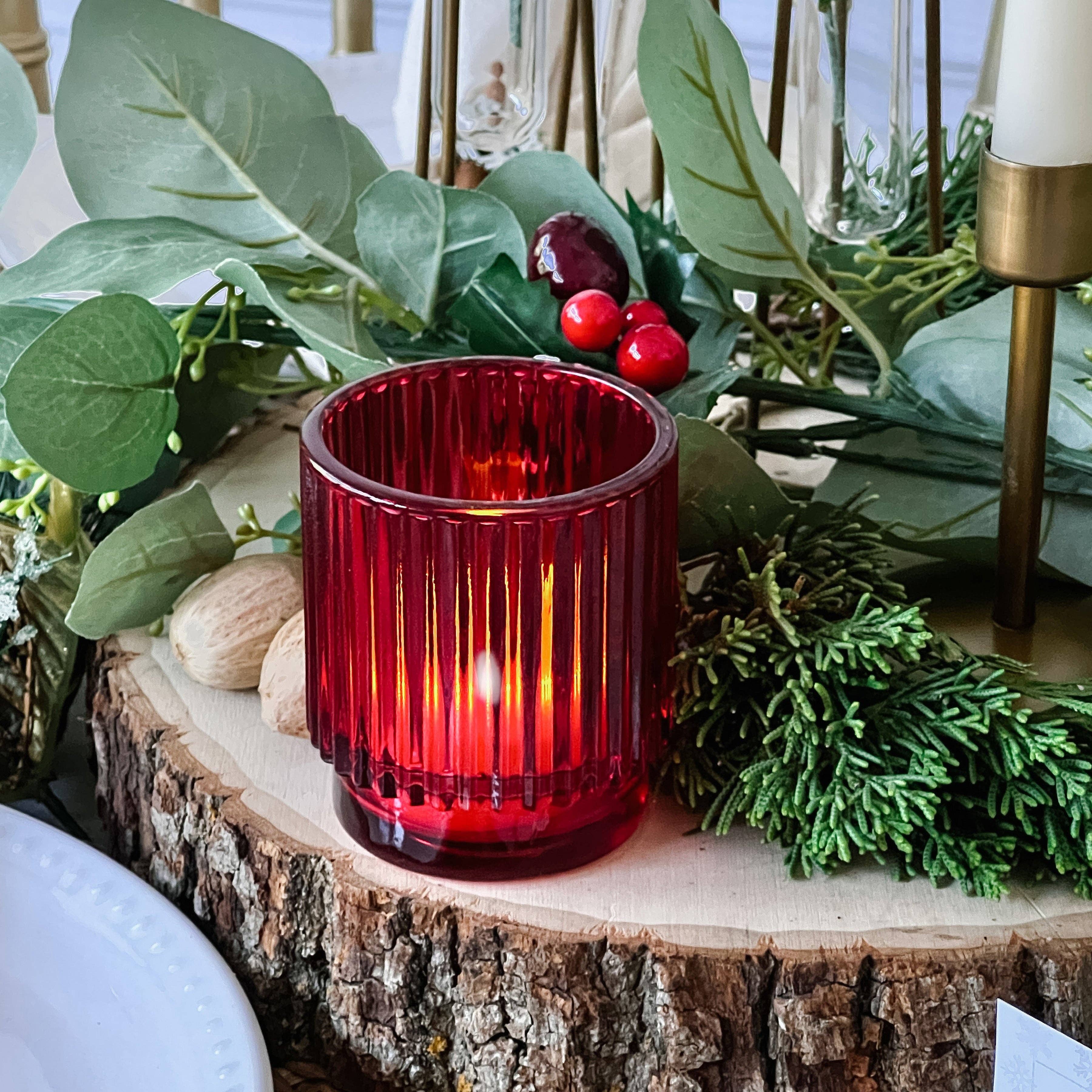 Ribbed Red Glass Votive Candle Holder - Posh West Boutique