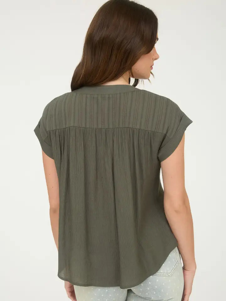 Olive Eyelet Trim Half Button Short Sleeve Top - Posh West Boutique