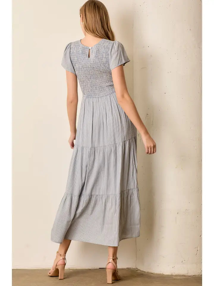 Smocked Bodice Striped Tiered Maxi