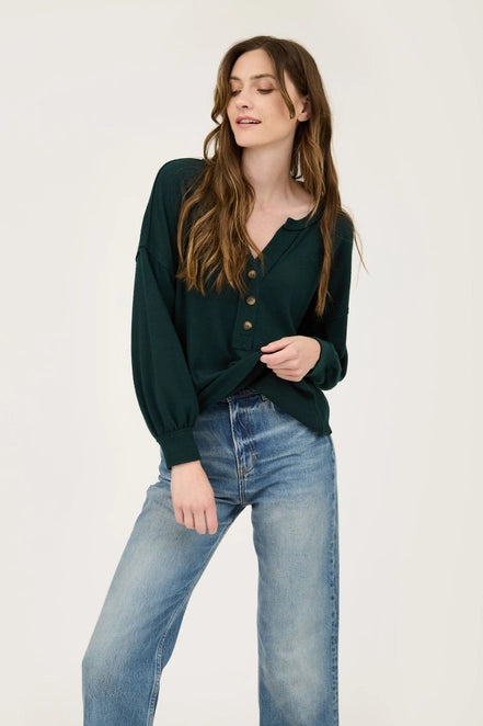 Hunter Green Half Button Up V Neck Top - Posh West Boutique
