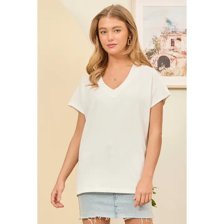 Thick Ivory Ribbed V Neck Top - Posh West Boutique