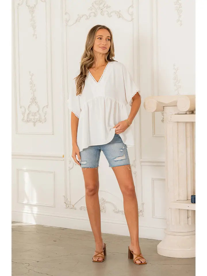 Off White Relaxed Fit V Neck Short Sleeve Flowy Top - Posh West Boutique
