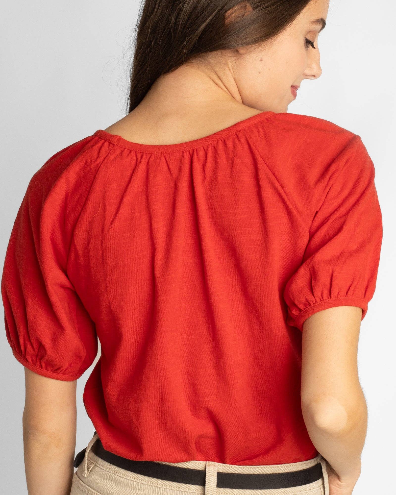 Aura Red V-Neck Short Puff Sleeve