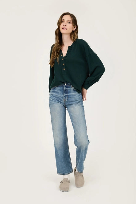 Hunter Green Half Button Up V Neck Top - Posh West Boutique
