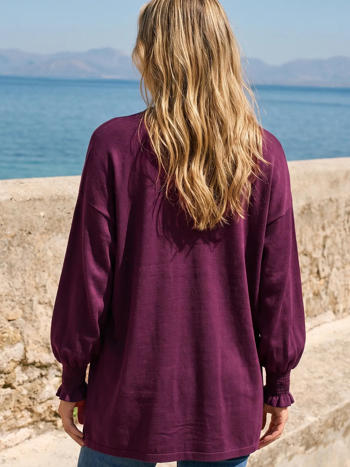 Cabernet Open Front Smocked Sleeve Cardigan
