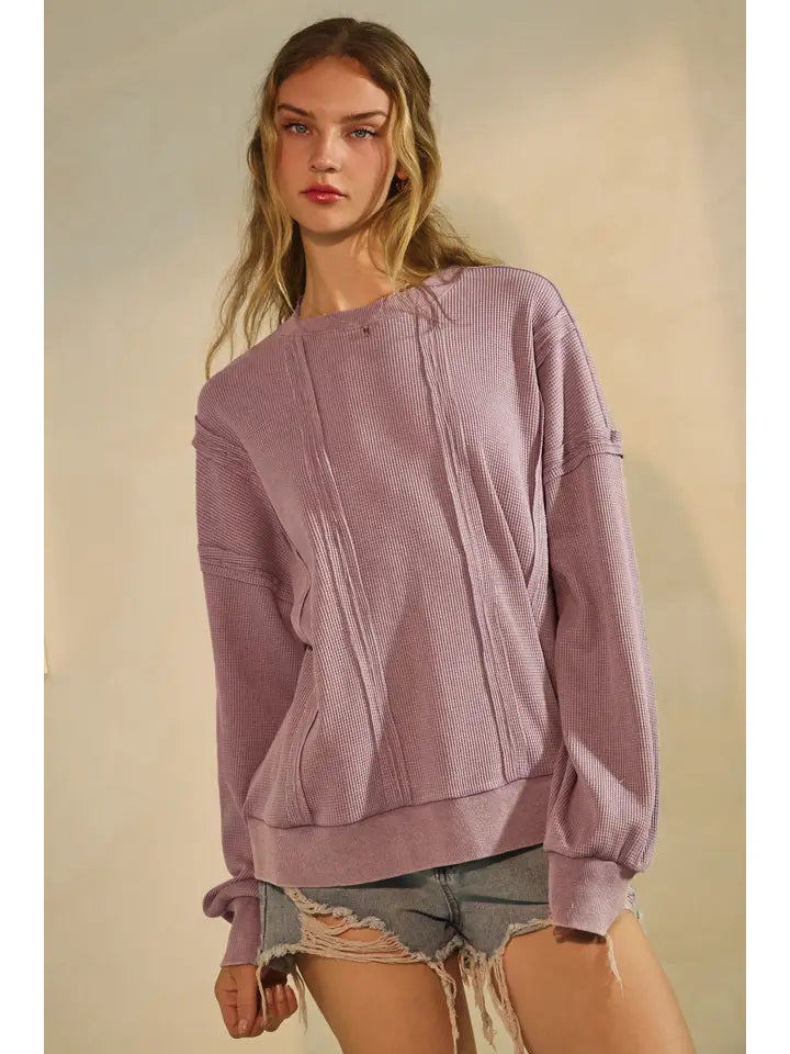 Mauve Acid Washed Thermal Textured Pullover - Posh West Boutique
