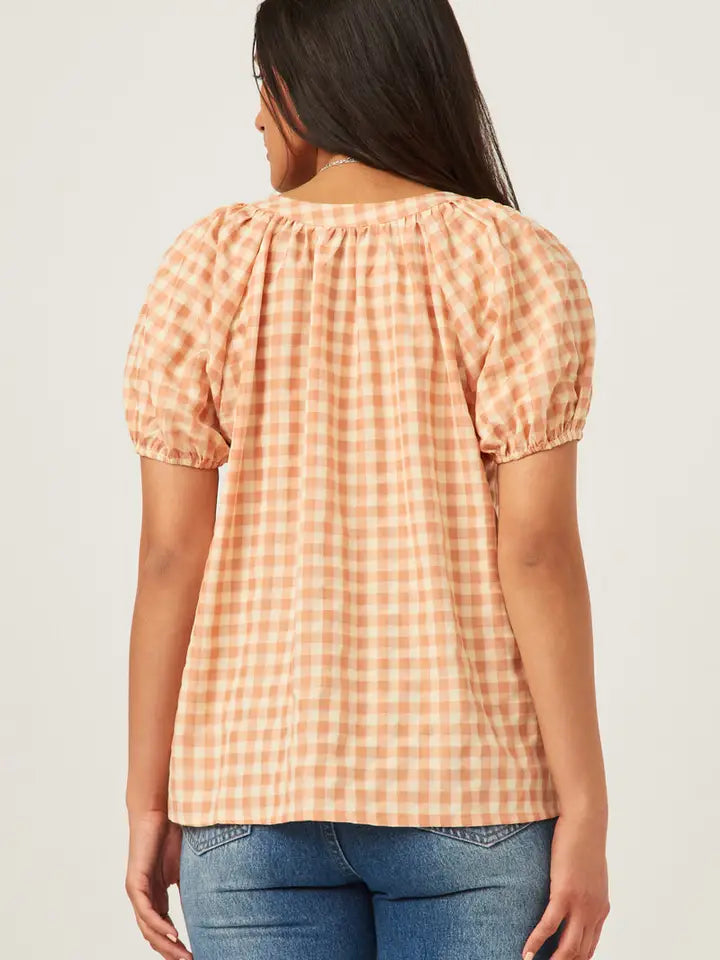 Peach Gingham Button Detail Puff Sleeve Scoop Neck Top - Posh West Boutique