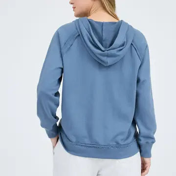 Dusty Blue Hooded V Neck Raw Edge Long Sleeve Knit Top - Posh West Boutique