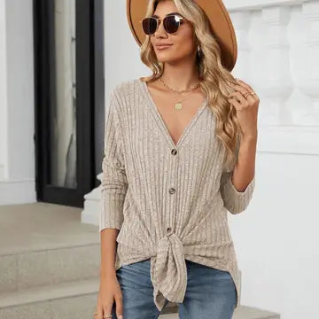 Khaki Long Sleeve Button Cardigan Knitted - Posh West Boutique