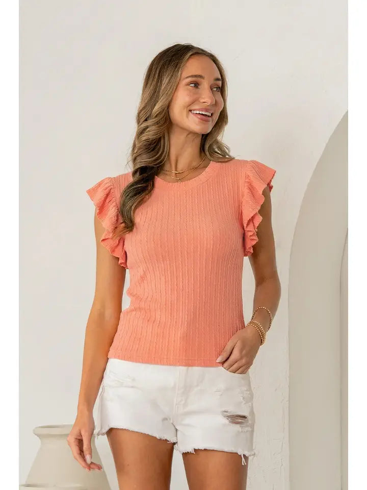Coral Ribbed Ruffle Sleeve Knit Top - Posh West Boutique