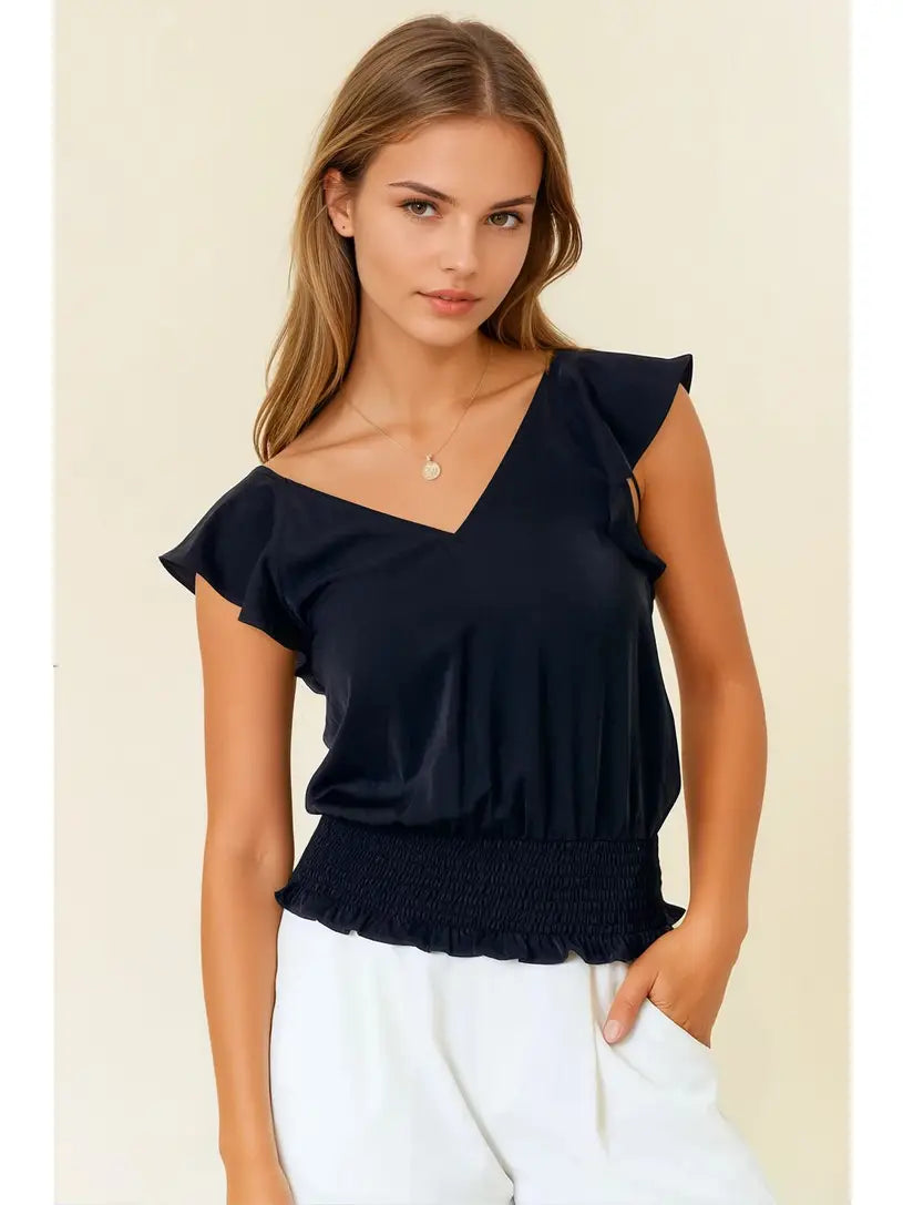 Black V-Neck Ruffle Top with Smocking Band - Posh West Boutique