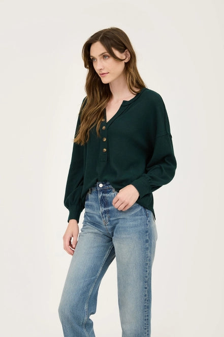Hunter Green Half Button Up V Neck Top - Posh West Boutique