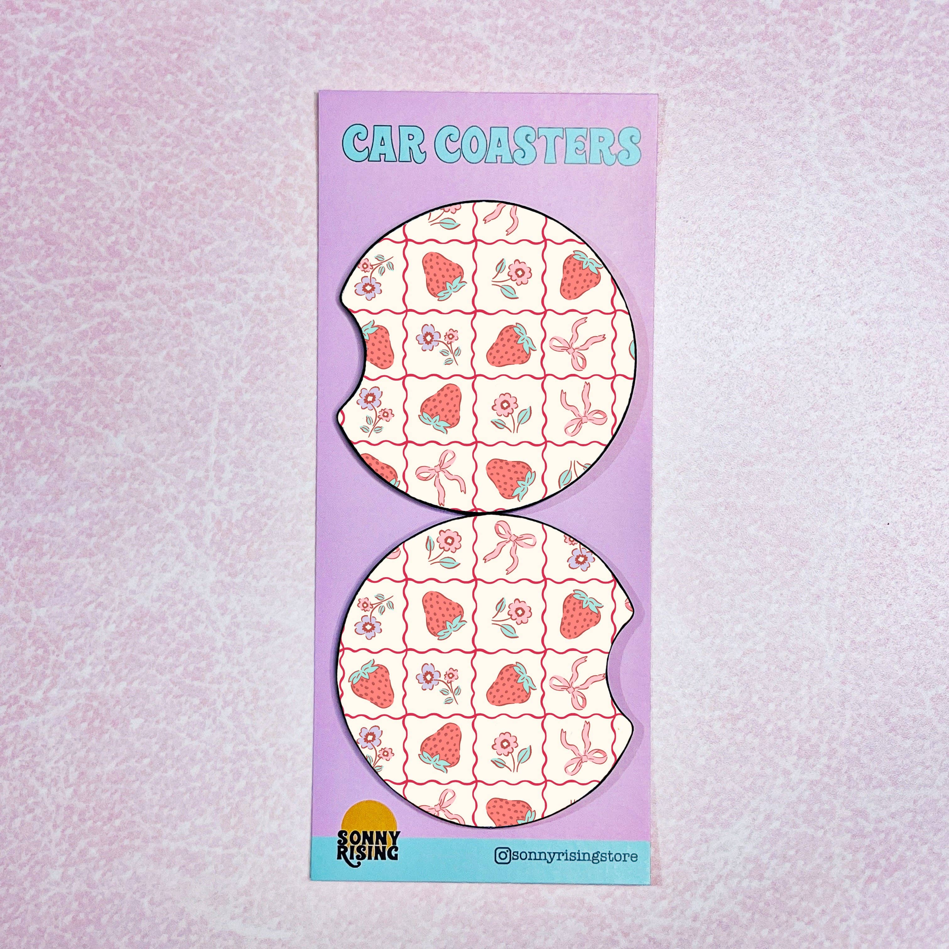 2 Car Coasters, Strawberry Coquette Squares - Posh West Boutique