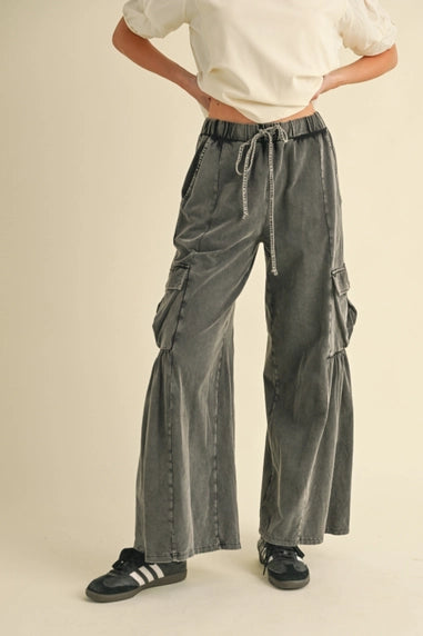 Mineral Wash Soft Knit Cargo Pants w/ Wide Leg - Posh West Boutique