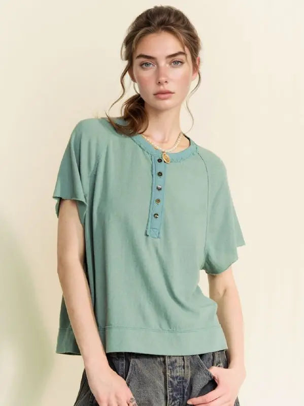 Olive Sage Breezy Knit Fabric Short Sleeve T-Shirt Top - Posh West Boutique
