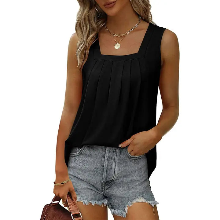Black Pleated Square Neck Tank Top