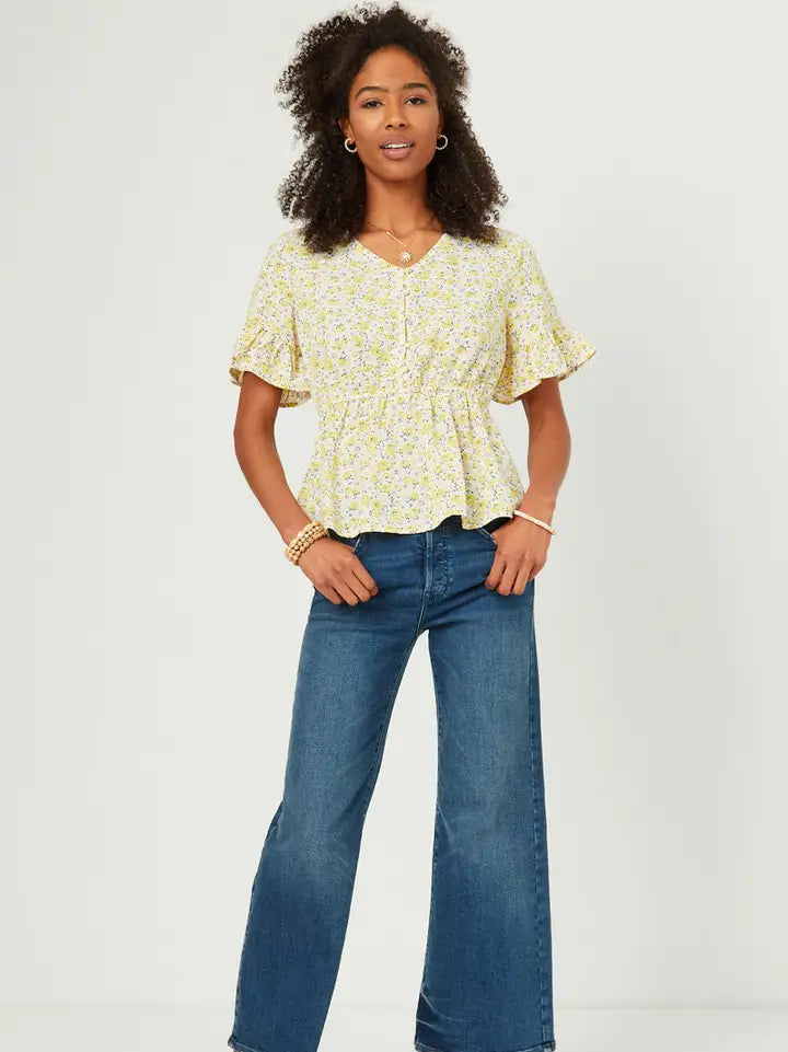 Floral Button Detail Ruffle Sleeve Peplum Top - Posh West Boutique