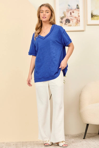 Royal Blue Raw Edge V Neck Top - Posh West Boutique