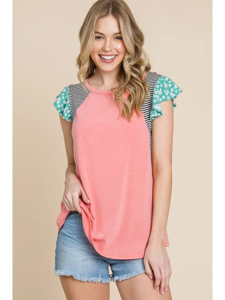 Coral Striped Contrast Ruffle Sleeve Top - Posh West Boutique