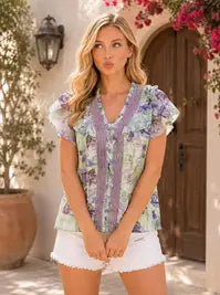 Floral Blouse with Delicate Ruffle Details V-Neck Short Sleeve