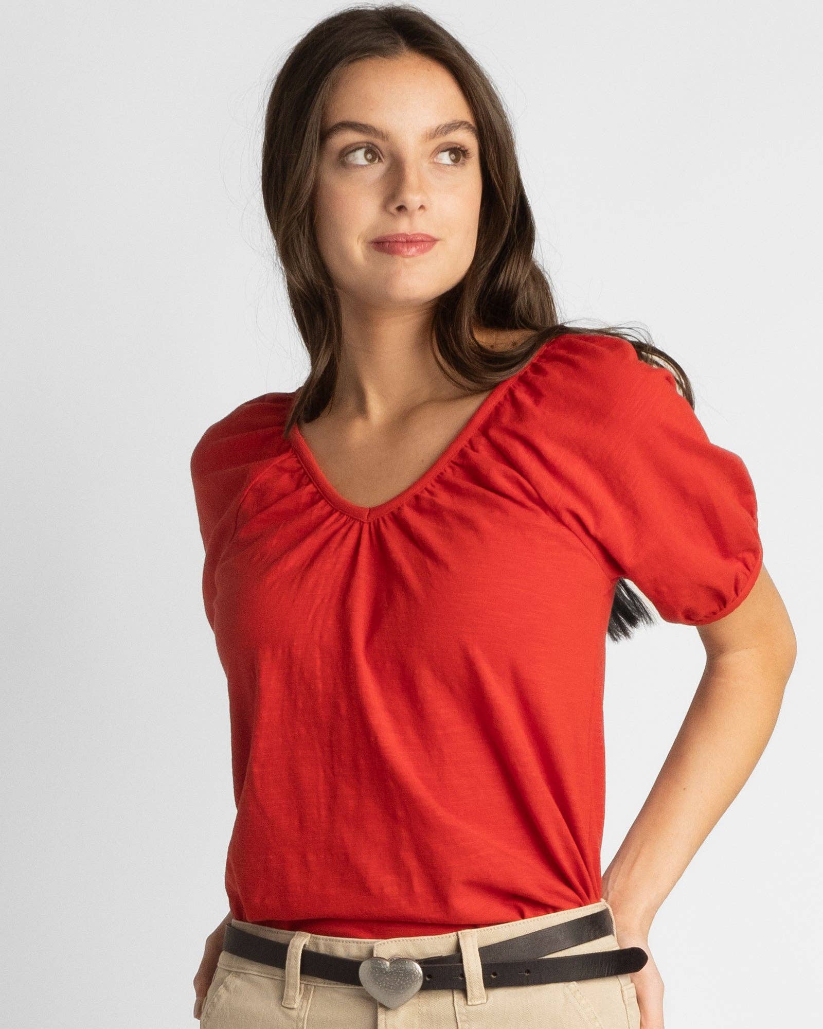 Aura Red V-Neck Short Puff Sleeve