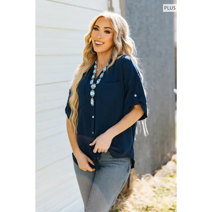 Navy Half Sleeve Collared Button Down Top
