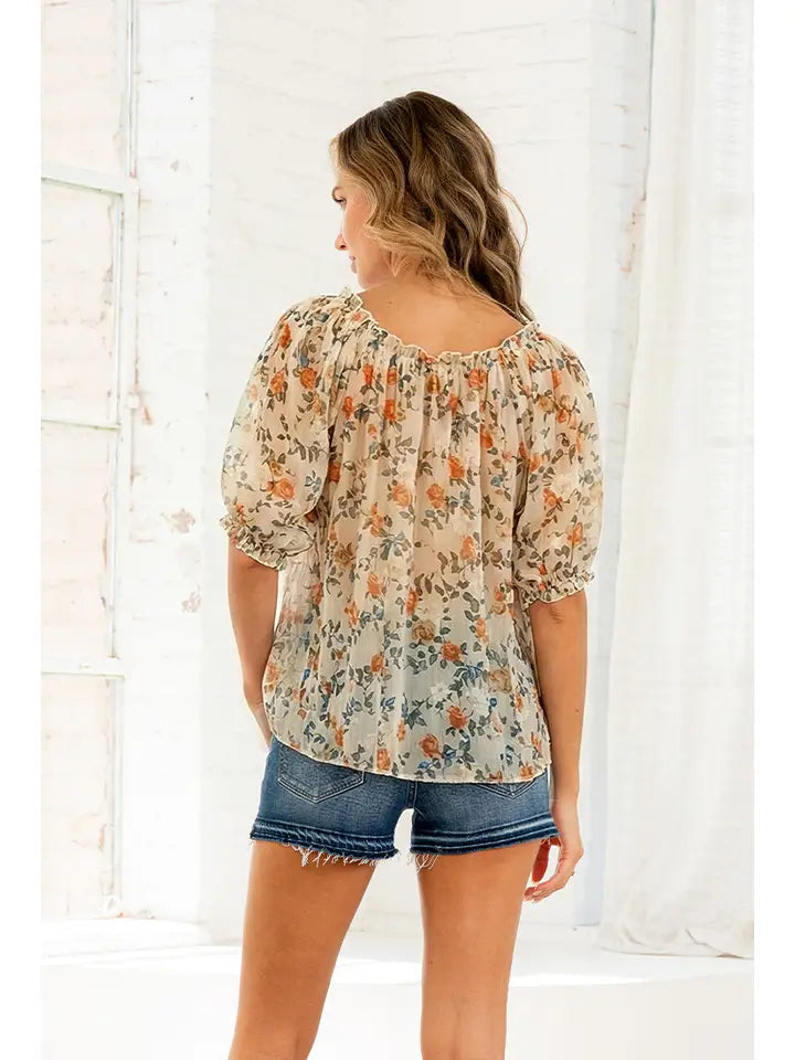 Cream Ruffle Neck Floral Blouse - Posh West Boutique