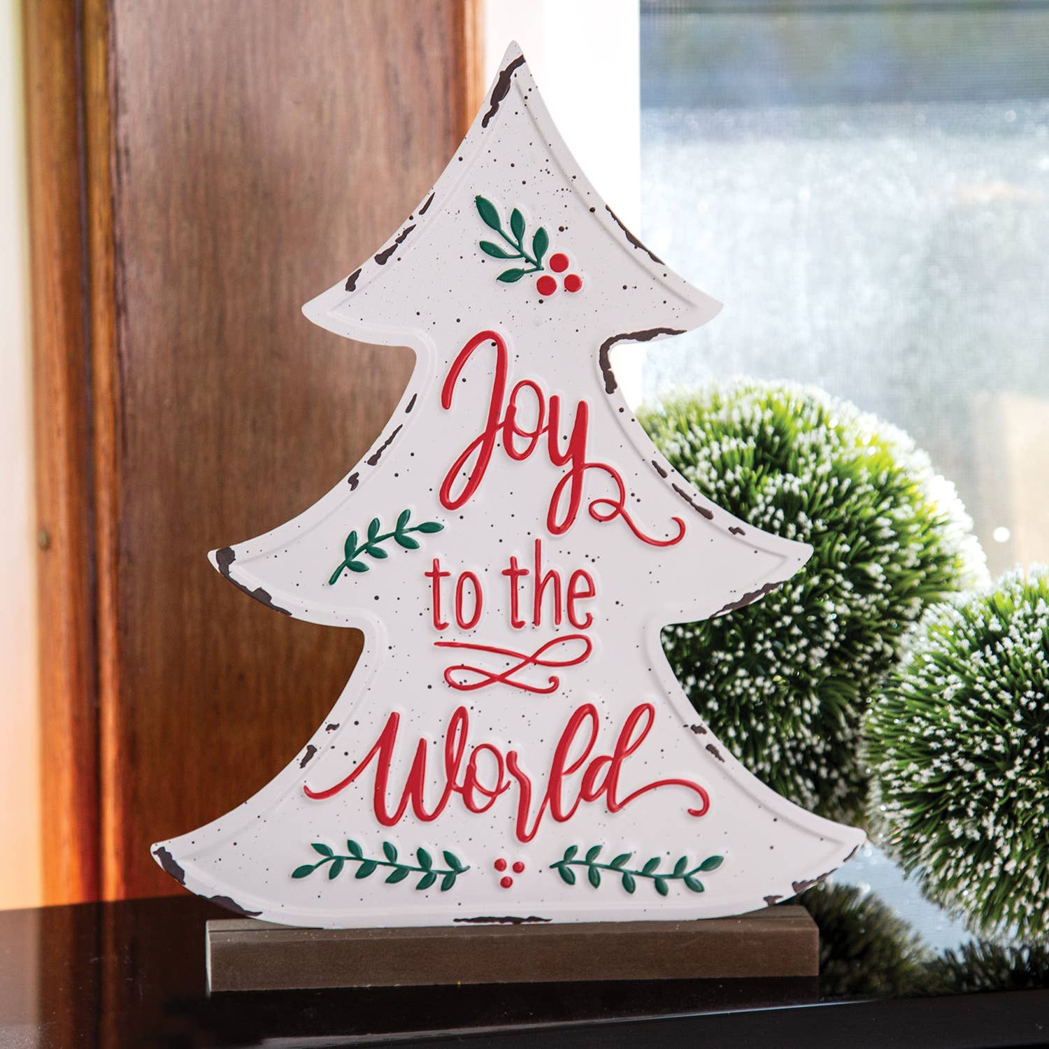 Joy to the World Distressed Metal Christmas Tree on Base - Posh West Boutique