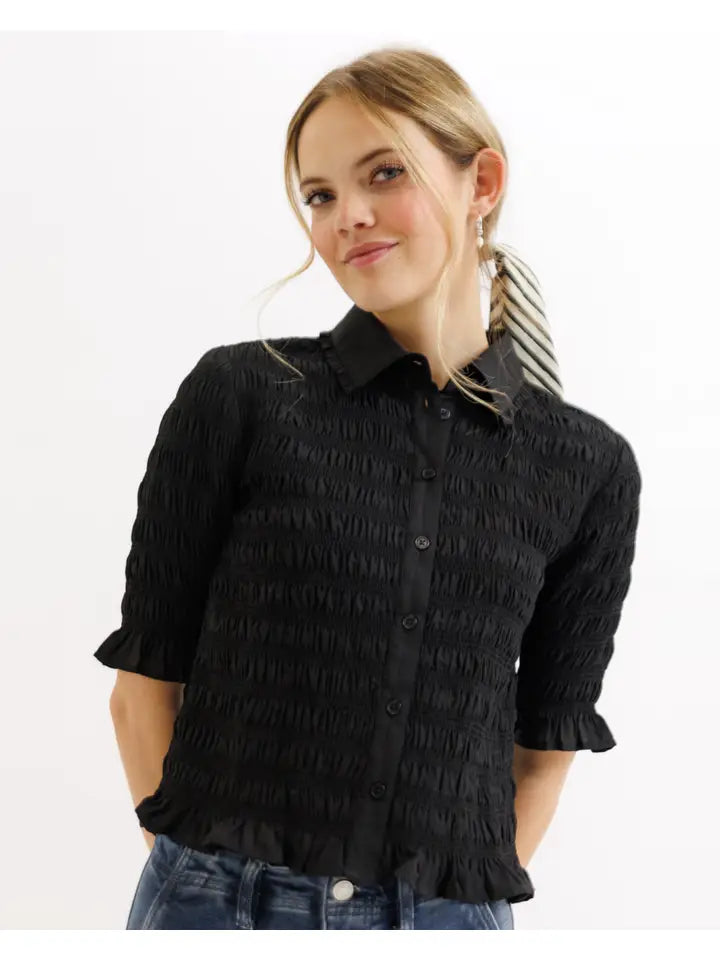 Black Half Sleeve Smocked Button Down Blouse - Posh West Boutique