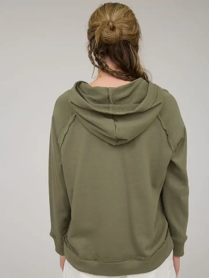 Mocha Hooded V Neck Raw Edge Long Sleeve Knit Top - Posh West Boutique