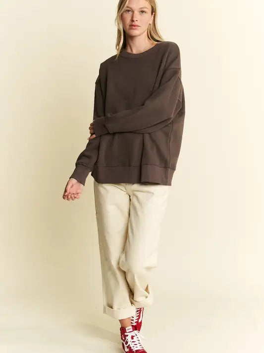 Charcoal Long Sleeve Solid Round Neck Oversized Sweatshirt - Posh West Boutique