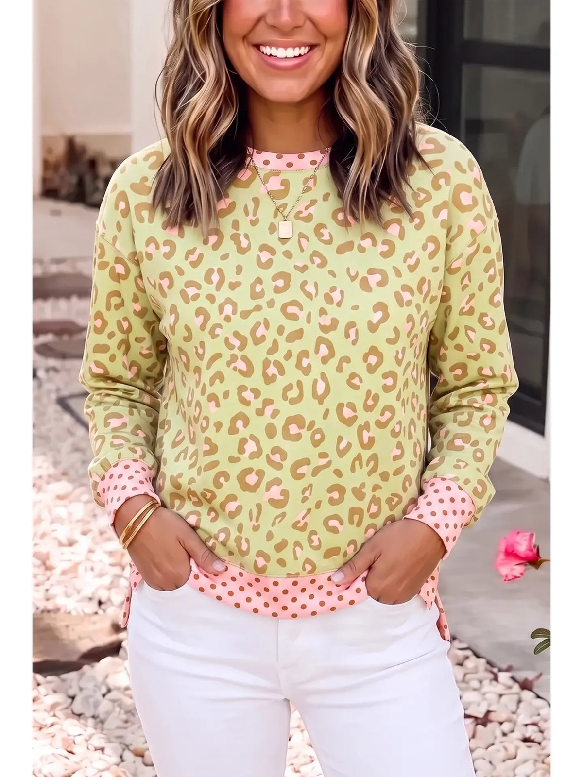 Polka Dot Colorblock Leopard Long Sleeve Top