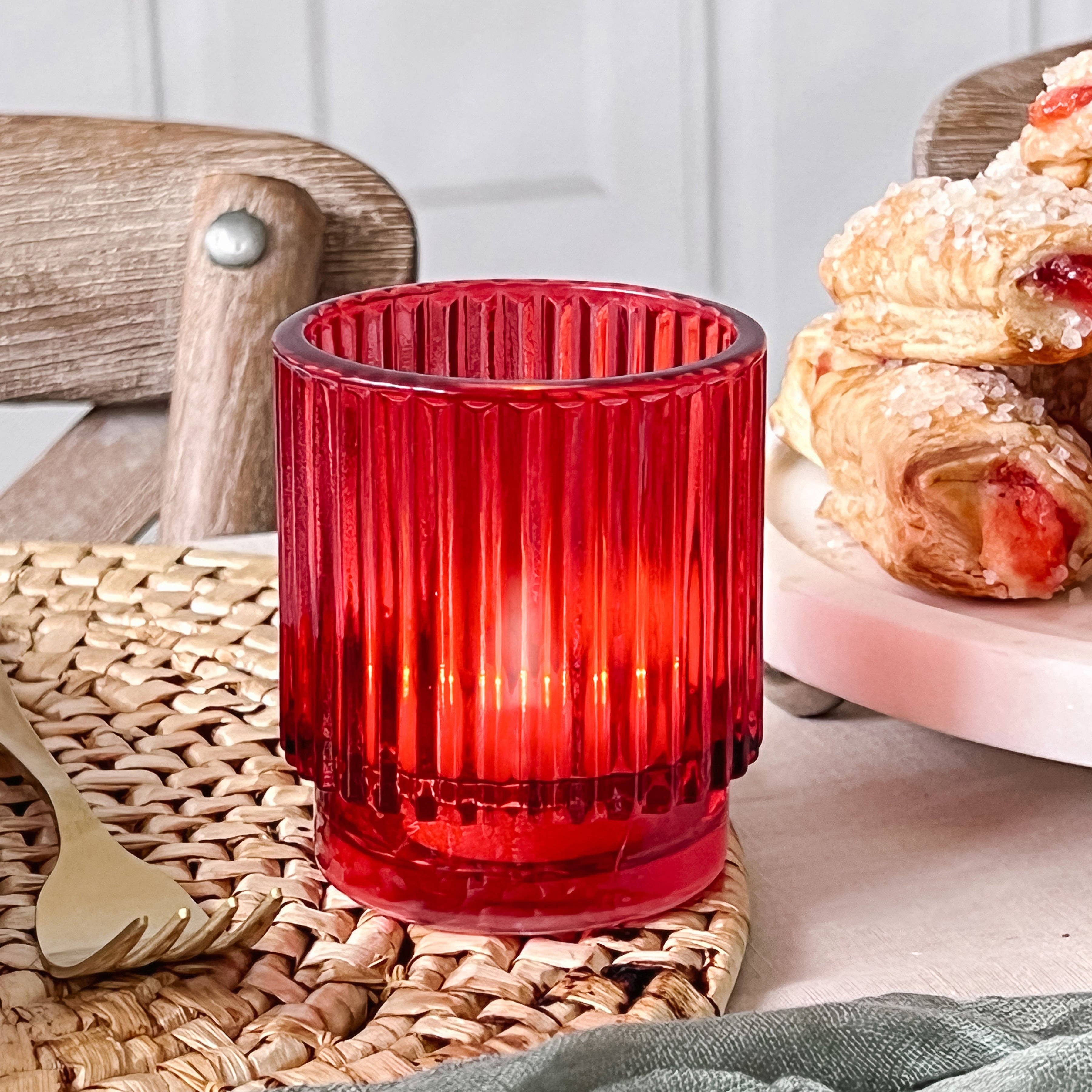 Ribbed Red Glass Votive Candle Holder - Posh West Boutique