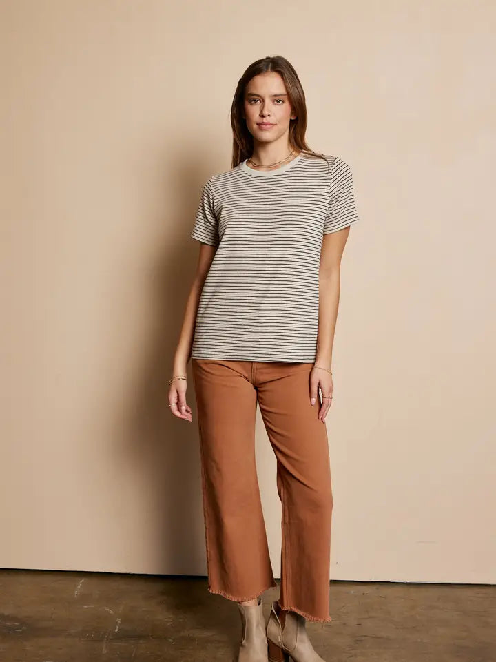 Oatmeal & Black Stripe Short Sleeve Knit Top