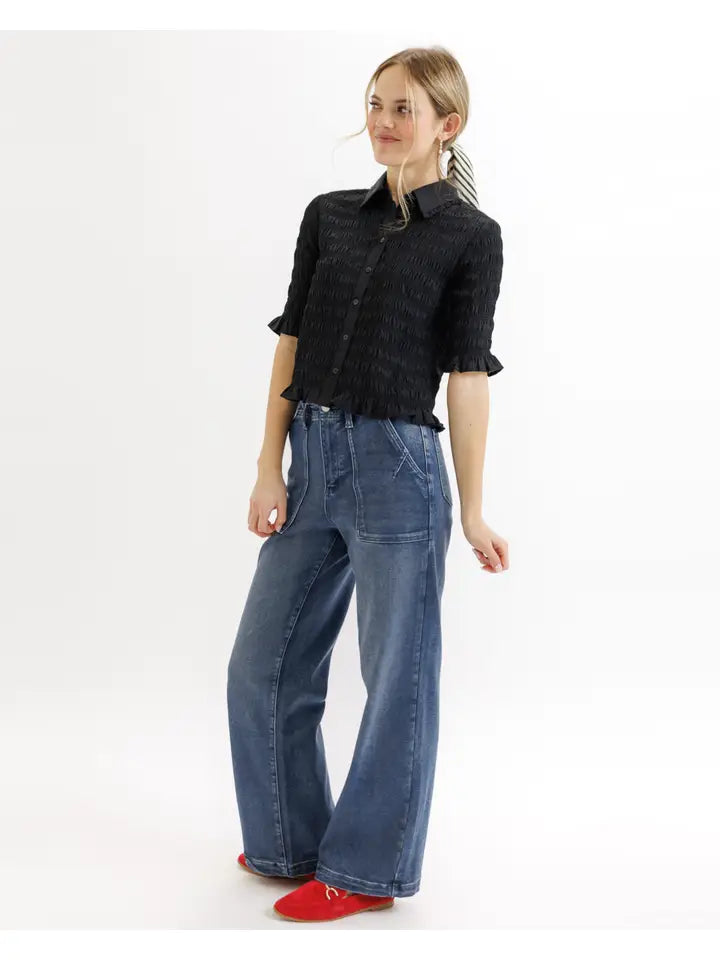 Black Half Sleeve Smocked Button Down Blouse - Posh West Boutique