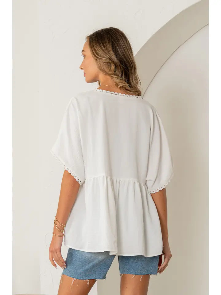 Off White Relaxed Fit V Neck Short Sleeve Flowy Top - Posh West Boutique