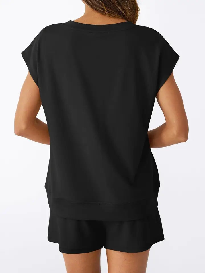 Black V Neck Short Sleeve Top & Drawstring Shorts Set